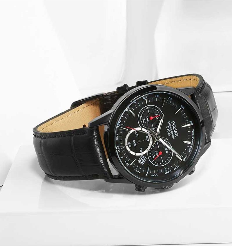 Men's Sport Chrono Black Leather Watch Pt3923x1